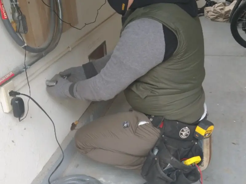 Electrician performing outlet wiring in a Gonzales garage